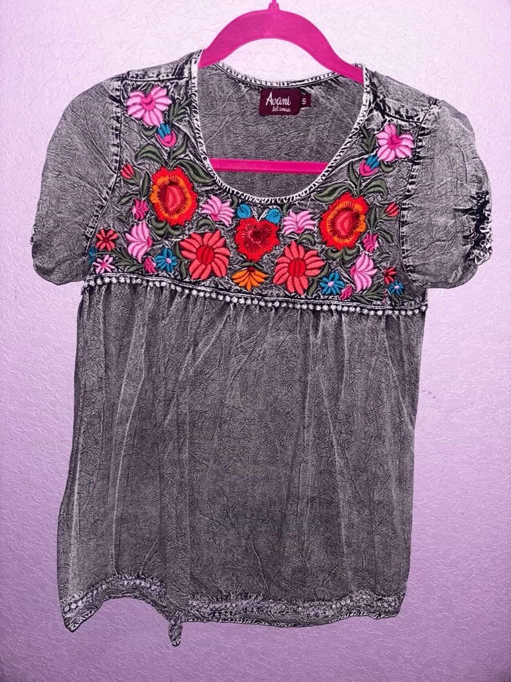 Avani Gray Embroidered Floral Peasant Blouse - Gray